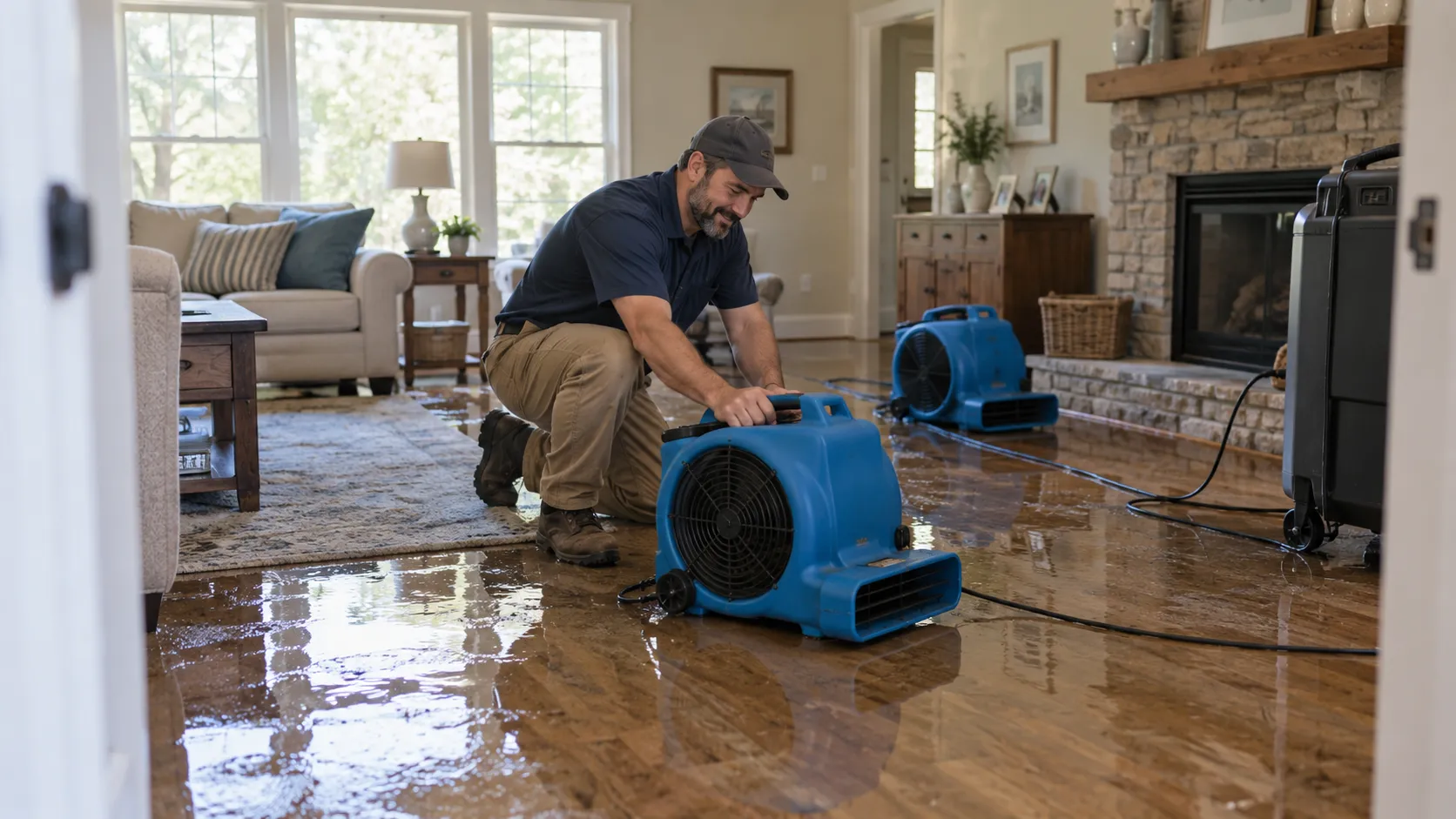 Water damage restoration technician drying a flooded living room in Indianapolis